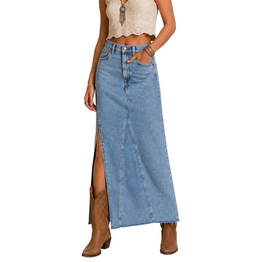 Levis Denim Maxi Skirt Light Wash High Waisted Raw Hem Blue Size 23 Button Fly